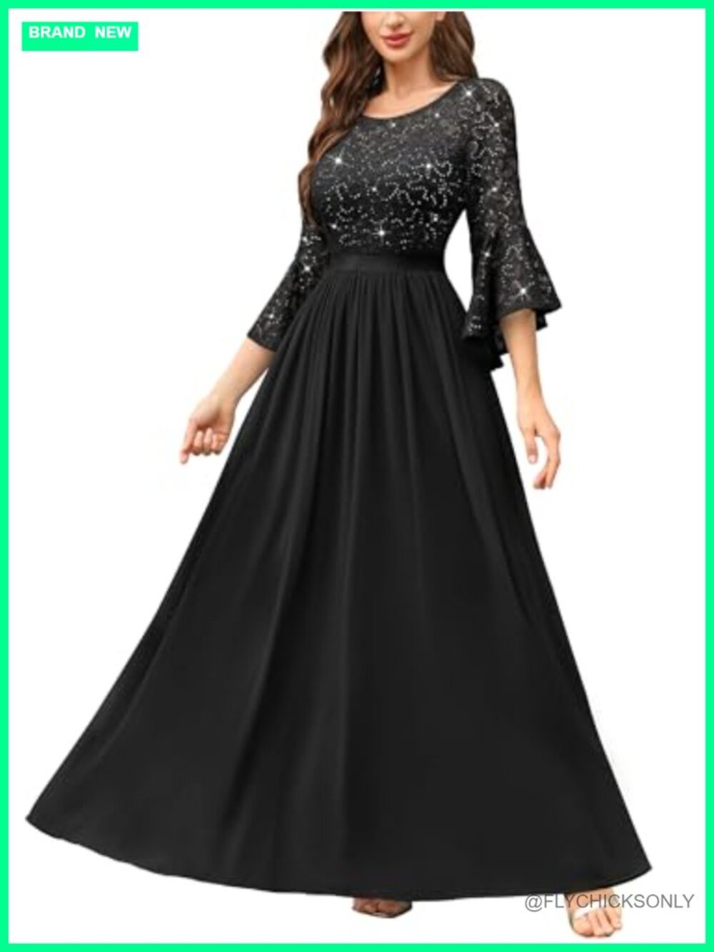 Sequin Lace Bell Sleeve Evening Party Dress Formal Gown